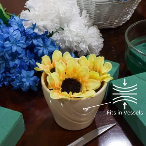 Floral foam blocks with artificial yellow and blue flowers in a pot, showing how foam fits in vessels.