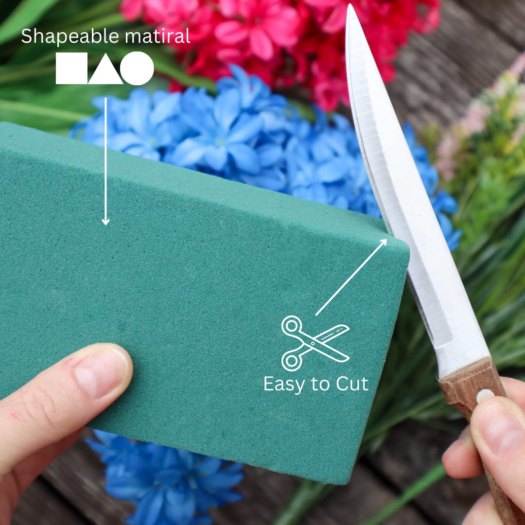 Easy-to-cut green floral foam blocks, each measuring 5.5 inches long, 3.1 inches wide, and 1.7 inches high; suitable for both wet and dry flower arrangements, DIY crafts, and weddings