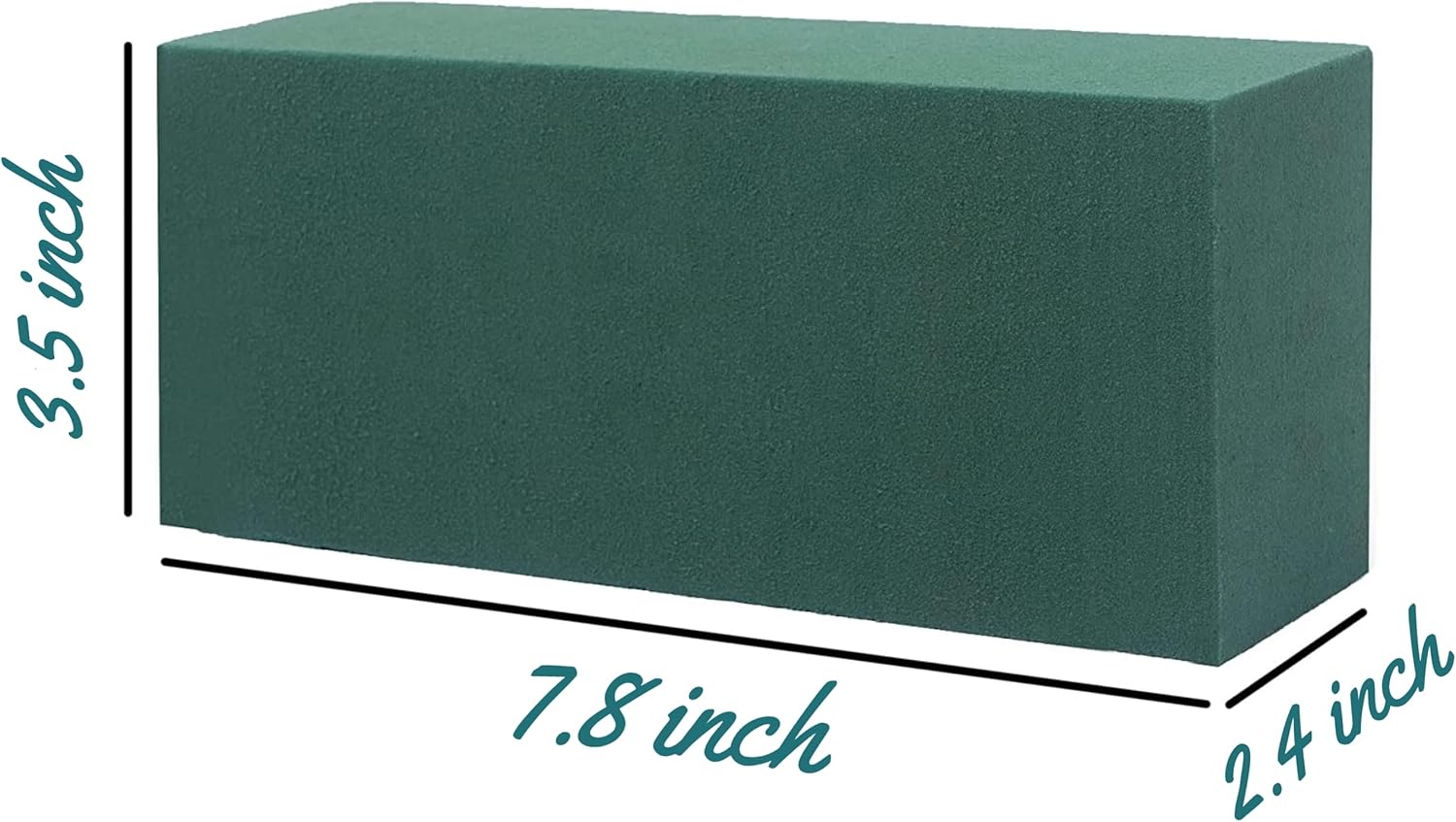 A green rectangular floral foam block is shown with its dimensions clearly labeled: 7.8 inches long, 3.5 inches wide, and 2.4 inches high.