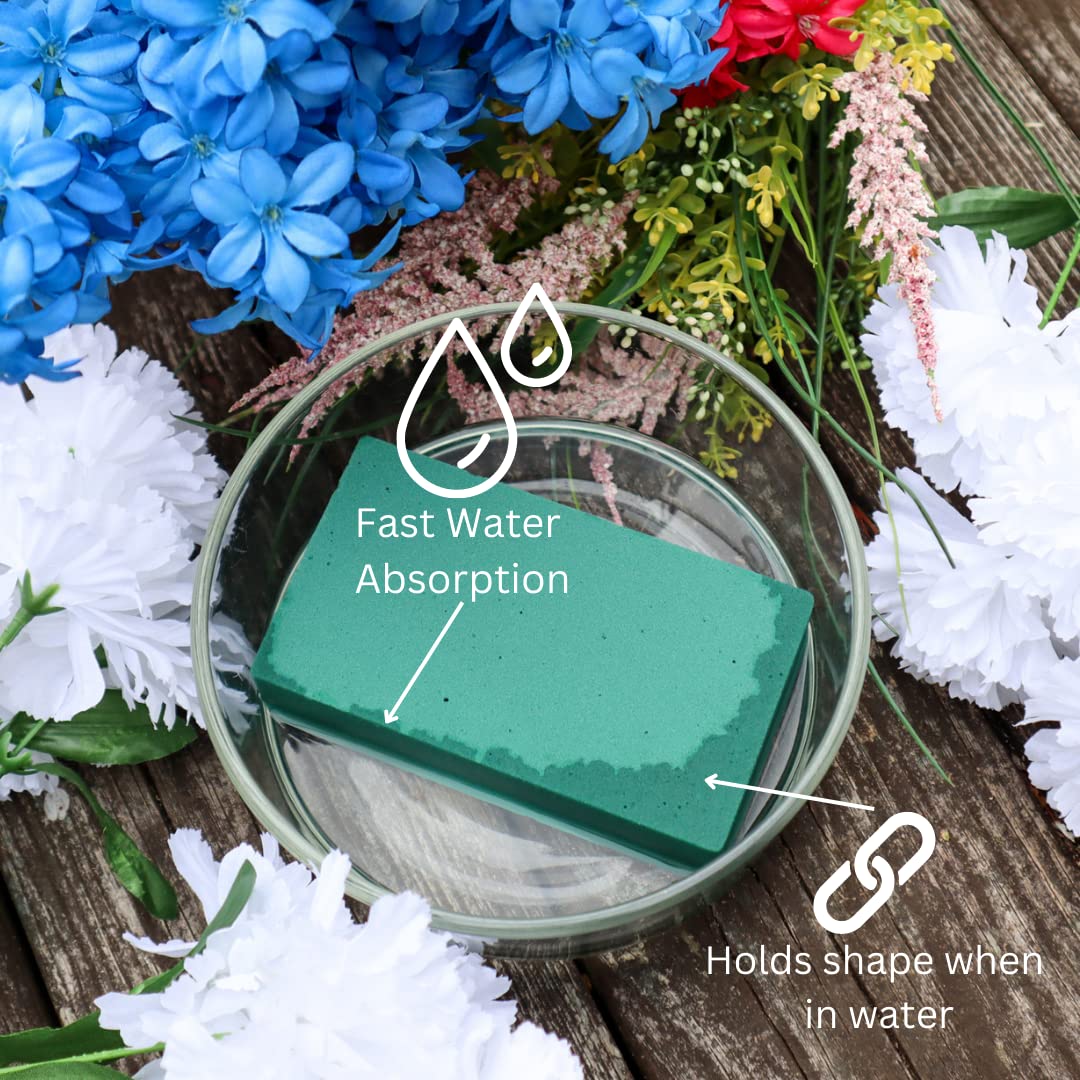 Green floral foam block absorbing water in a clear bowl, surrounded by flowers.