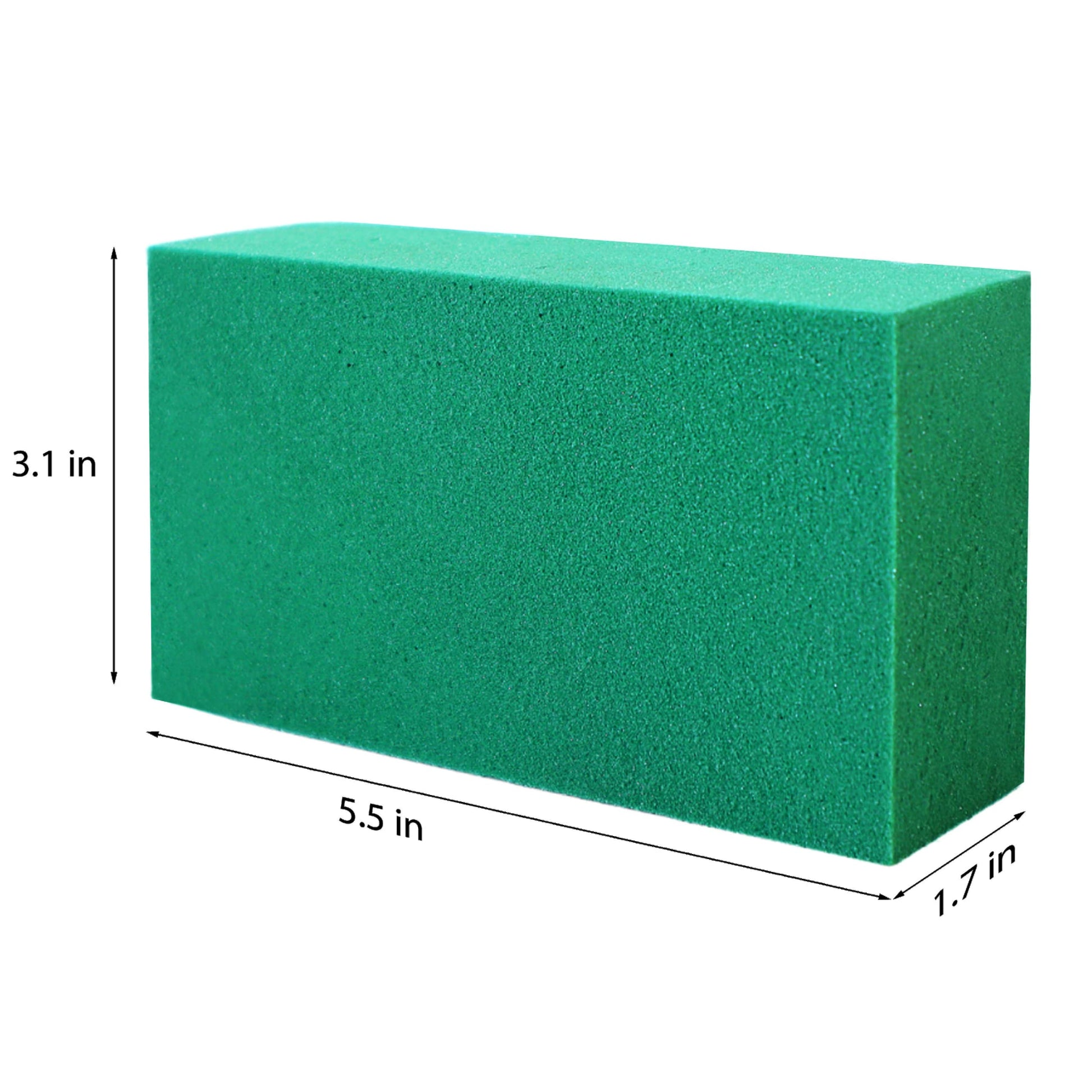 Green floral foam block measuring 5.5 inches long, 3.1 inches wide, and 1.7 inches high, ideal for flower arrangements and crafts