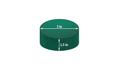 Green round floral foam block with 4.5" diameter and 1.5" height, ideal for flower arrangements