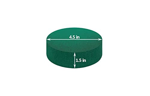 Green round floral foam block with 4.5" diameter and 1.5" height, ideal for flower arrangements