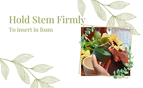 Hands inserting flower stem into floral foam for arrangement, with text "Hold Stem Firmly To insert in foam