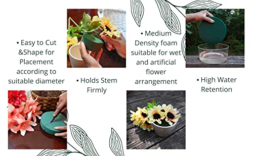 Floral foam blocks being used for flower arrangements, showcasing features like easy cutting, stem holding, and water retention