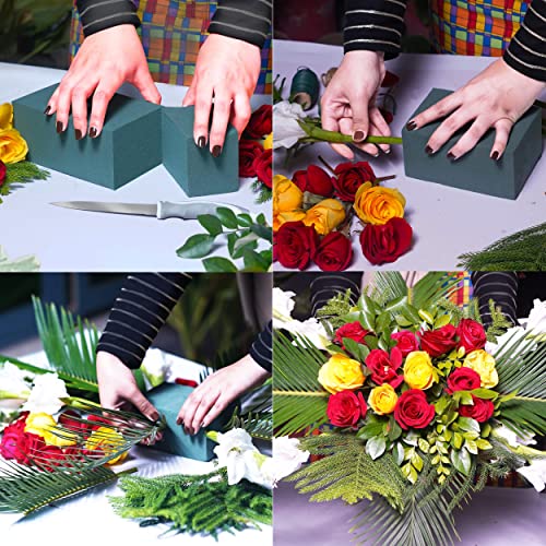 A person's hands demonstrating how to arrange fresh flowers into green floral foam blocks, creating a colorful bouquet of roses and other blooms with ample greenery.