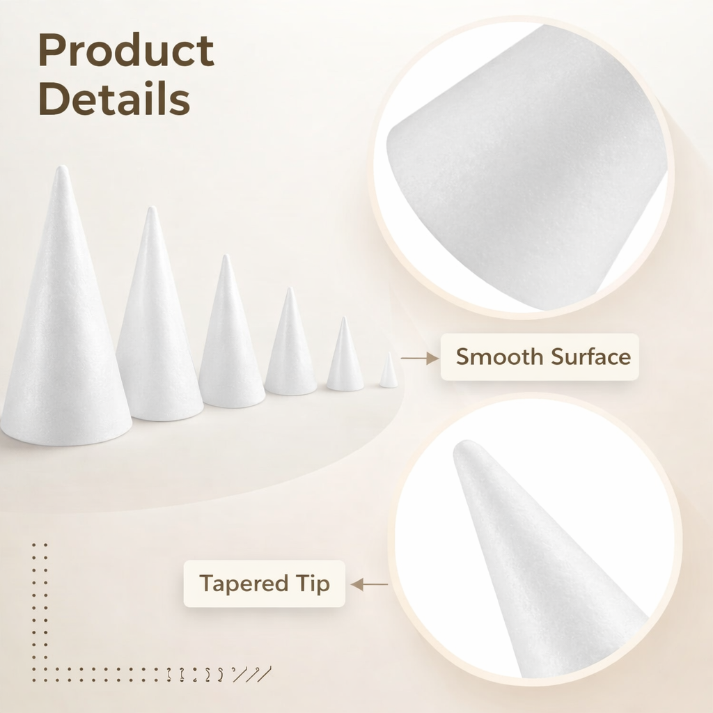 EPS Craft Foam Cones – 24 Piece Set White Polystyrene Cones for DIY Crafts, Holiday Decorations & Event Displays (3.15", 4.33", 5.91", 7.87", 9.84", 11.81")