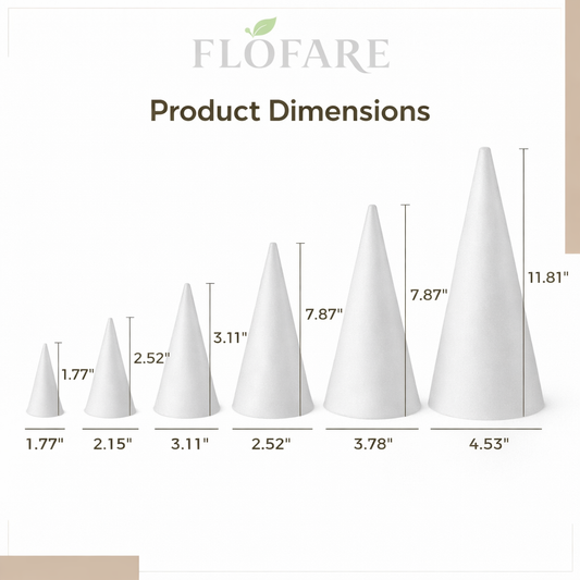 EPS Craft Foam Cones – 24 Piece Set White Polystyrene Cones for DIY Crafts, Holiday Decorations & Event Displays (3.15", 4.33", 5.91", 7.87", 9.84", 11.81")