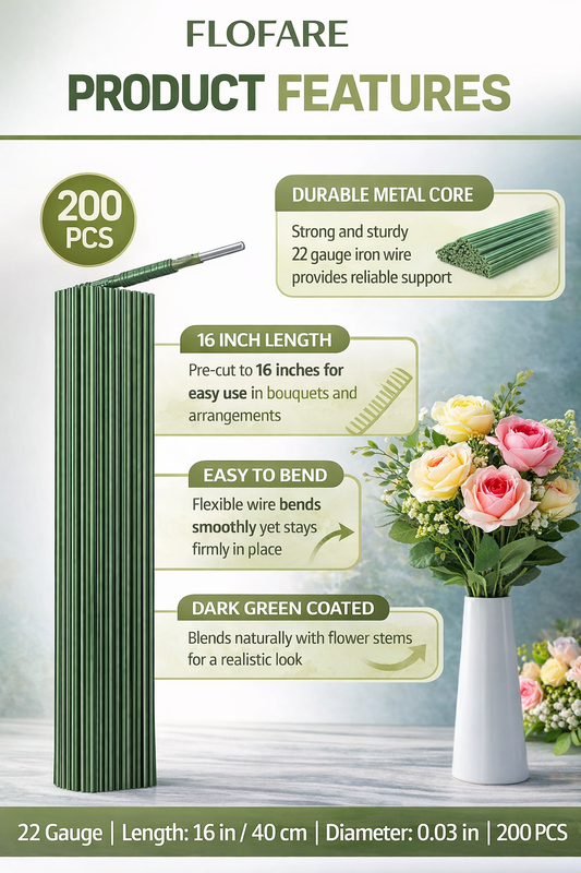 Floral Stem Wire 22 Gauge – Dark Green Pre-Cut Florist Wire for Flower Arrangements, Bouquets & DIY Crafts (16 Inch, 200 Pieces)