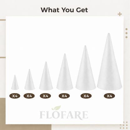 EPS Craft Foam Cones – 24 Piece Set White Polystyrene Cones for DIY Crafts, Holiday Decorations & Event Displays (3.15", 4.33", 5.91", 7.87", 9.84", 11.81")