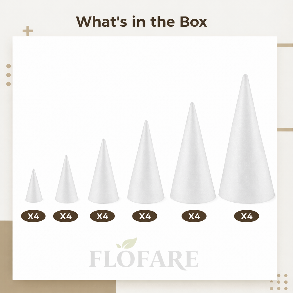 EPS Craft Foam Cones – 24 Piece Set White Polystyrene Cones for DIY Crafts, Holiday Decorations & Event Displays (3.15", 4.33", 5.91", 7.87", 9.84", 11.81")