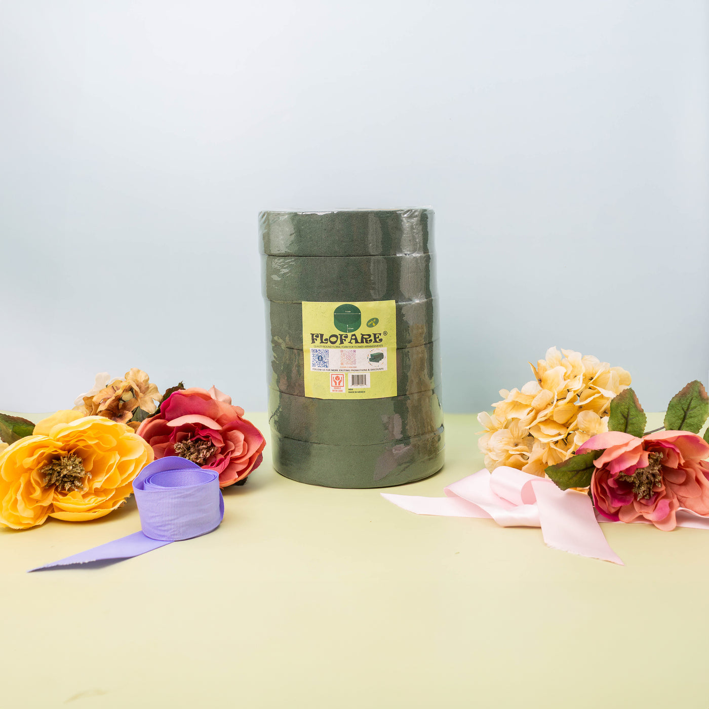 FLOFARE Pack of 6 Round Floral Foam Blocks (6" Diameter x 1.5" Height), Dry & Wet Green Foam for Flower Arrangements, Florist Supplies