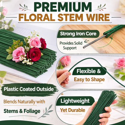 Floral Stem Wire 22 Gauge – Dark Green Pre-Cut Florist Wire for Flower Arrangements, Bouquets & DIY Crafts (16 Inch, 200 Pieces)